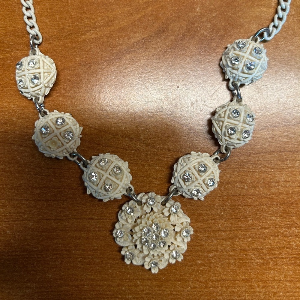 Vintage Carved Ivory and Crystal Necklace